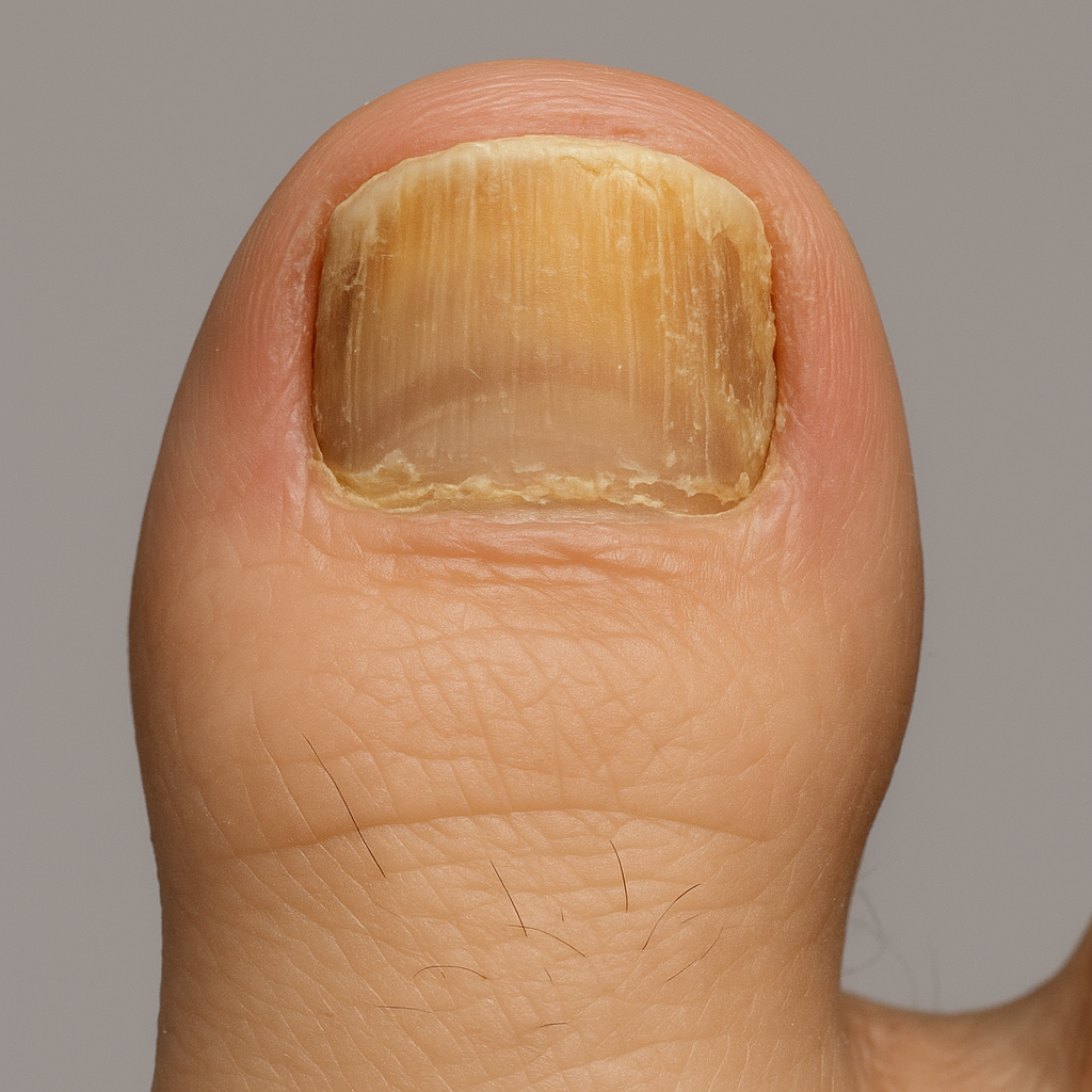 Onühhomükoosiga suur varbaküüs – kollakas, paksenenud ja rabedaks muutunud küüneplaat (kliiniline lähivõte).